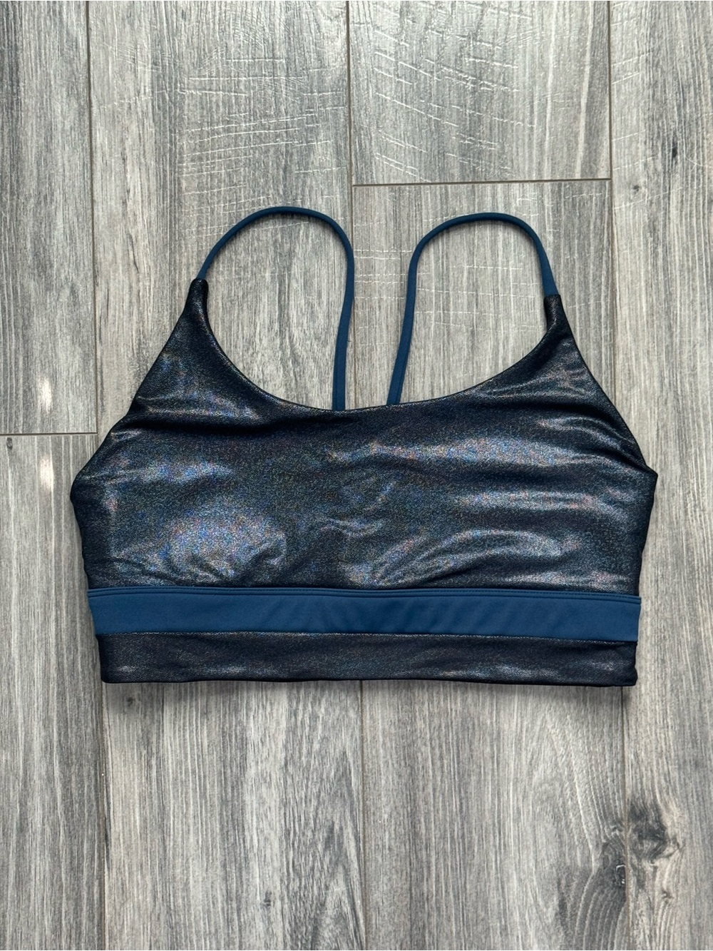 ZYIA Active Twilight Luxe Bra Medium Black Blue Metallic Sparkle Strappy Sports